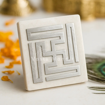 Tri Dhatu Nandavrat Swastik Yantra on a decorative Background 