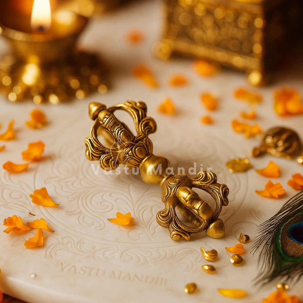 Small Brass Vajra – 100% Pure Brass Buddhist Dorje for Positive Energy on a textured surface with orange flowers and a candle in the background.