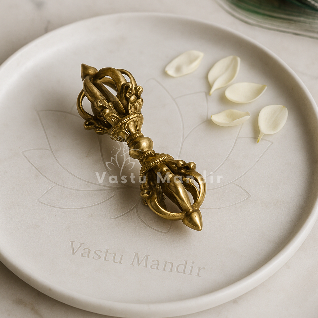 Vajra (Dorje) on a white plate with 'Vastu Mandir' branding
