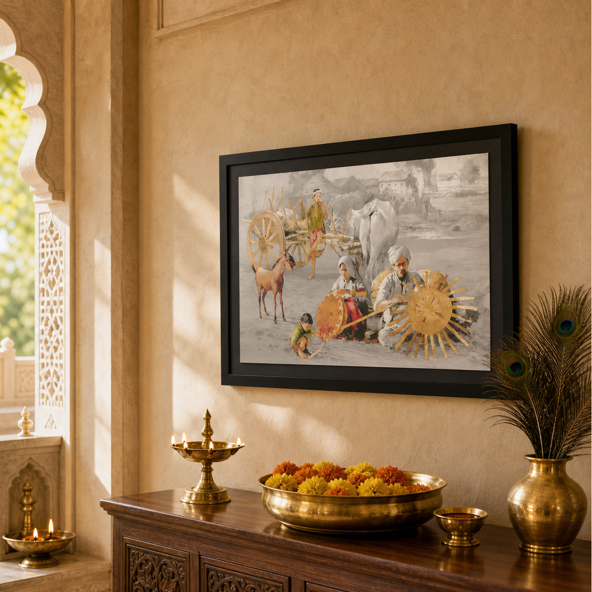 Village Scenery Framed artwork on a wall above a wooden cabinet with decorative items.