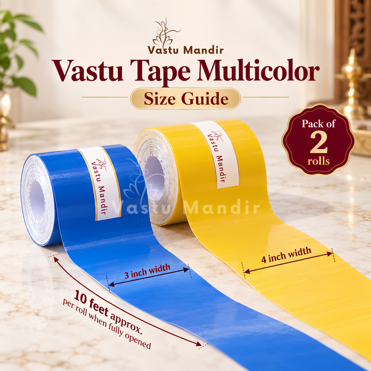 Multicolor Vastu Color Tape Set – Vastu Remedy for 5 Elements Balance | Ideal for Toilet & Entrance Corrections | 3-4 Inch Wide | 10 Feet | 2 Rolls