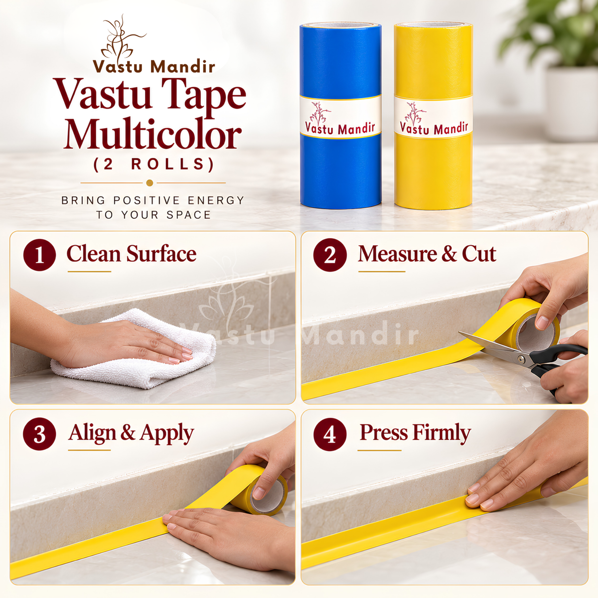 Multicolor Vastu Color Tape Set – Vastu Remedy for 5 Elements Balance | Ideal for Toilet & Entrance Corrections | 3-4 Inch Wide | 10 Feet | 2 Rolls