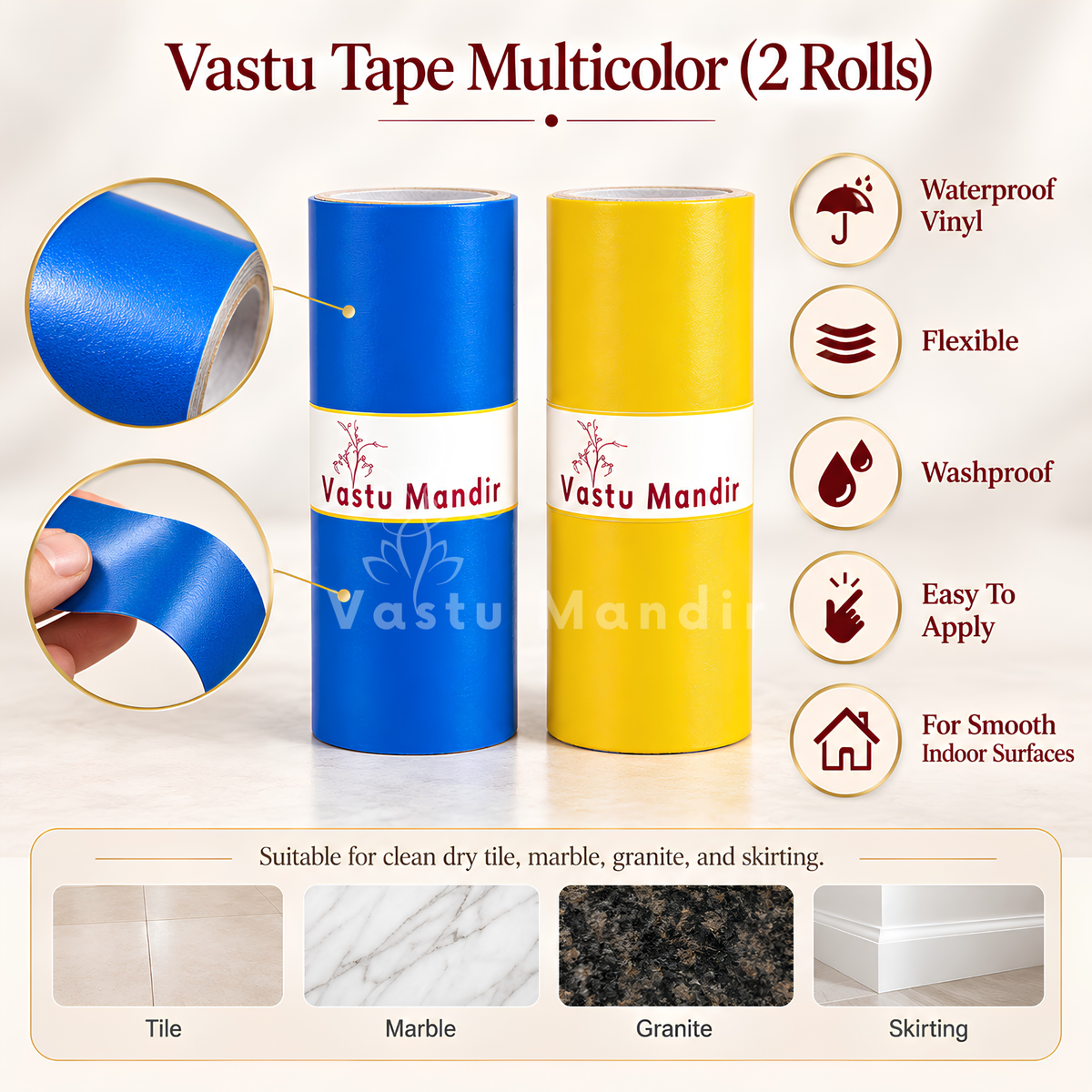 Multicolor Vastu Color Tape Set – Vastu Remedy for 5 Elements Balance | Ideal for Toilet & Entrance Corrections | 3-4 Inch Wide | 10 Feet | 2 Rolls