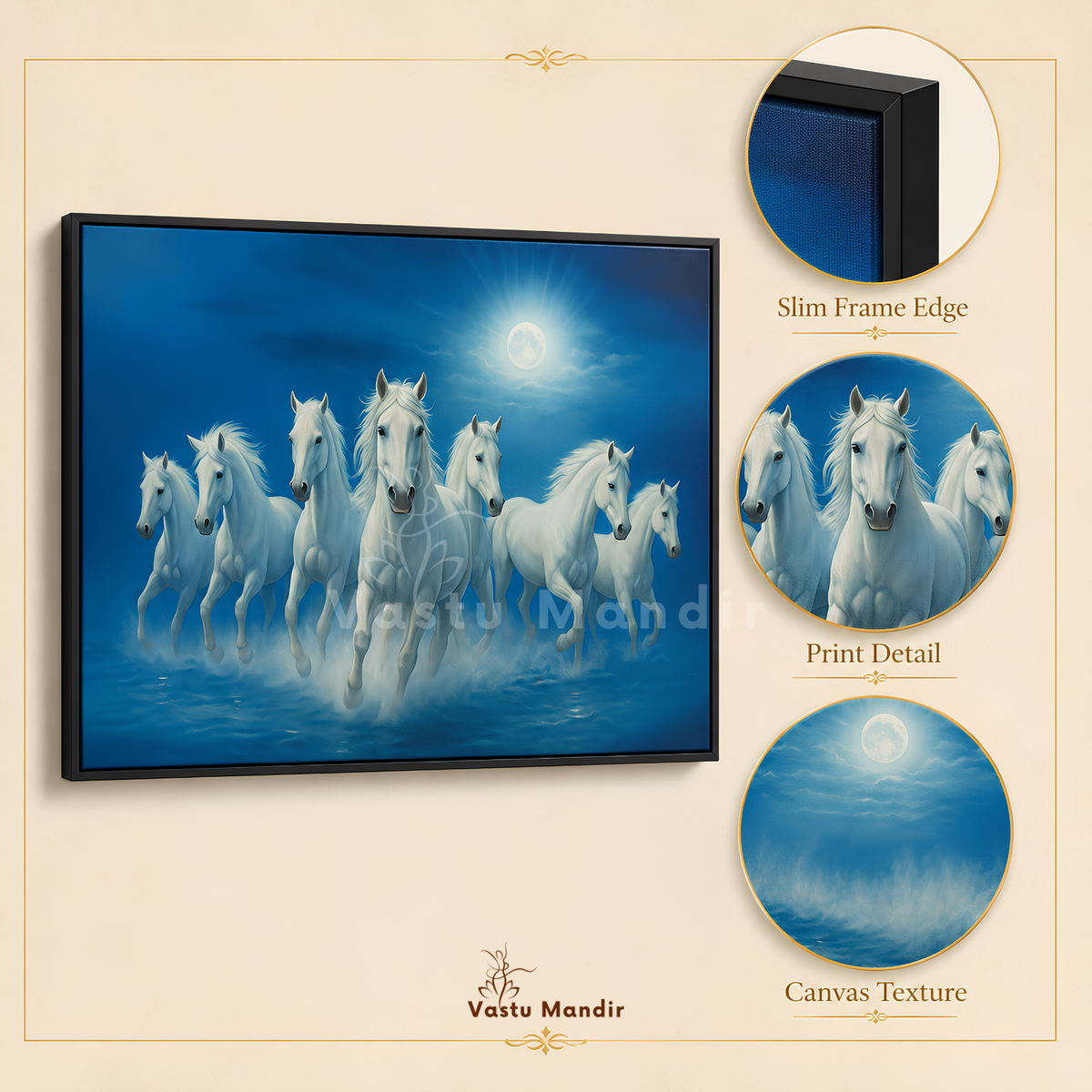 Close-up of the white horses and moonlit blue landscape