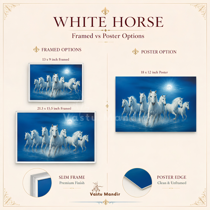 Framed white seven horses painting shown above a sofa
