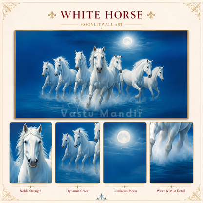 White running horses artwork detail with water and mist