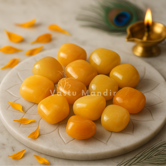 Yellow Jade Tumbled Stones on a decorative plate with a Diwali lamp and peacock feather in the background.