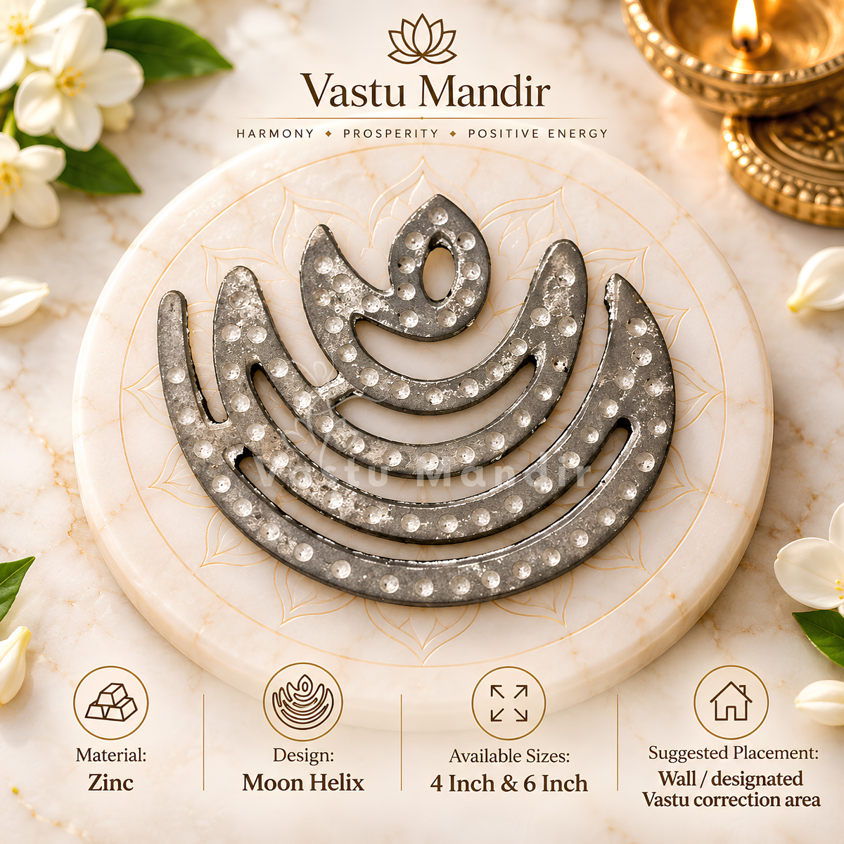 Zinc Moon Helix – Vastu Remedy for North-East Direction Correction | Water Element Harmony | 4 & 6 Inch