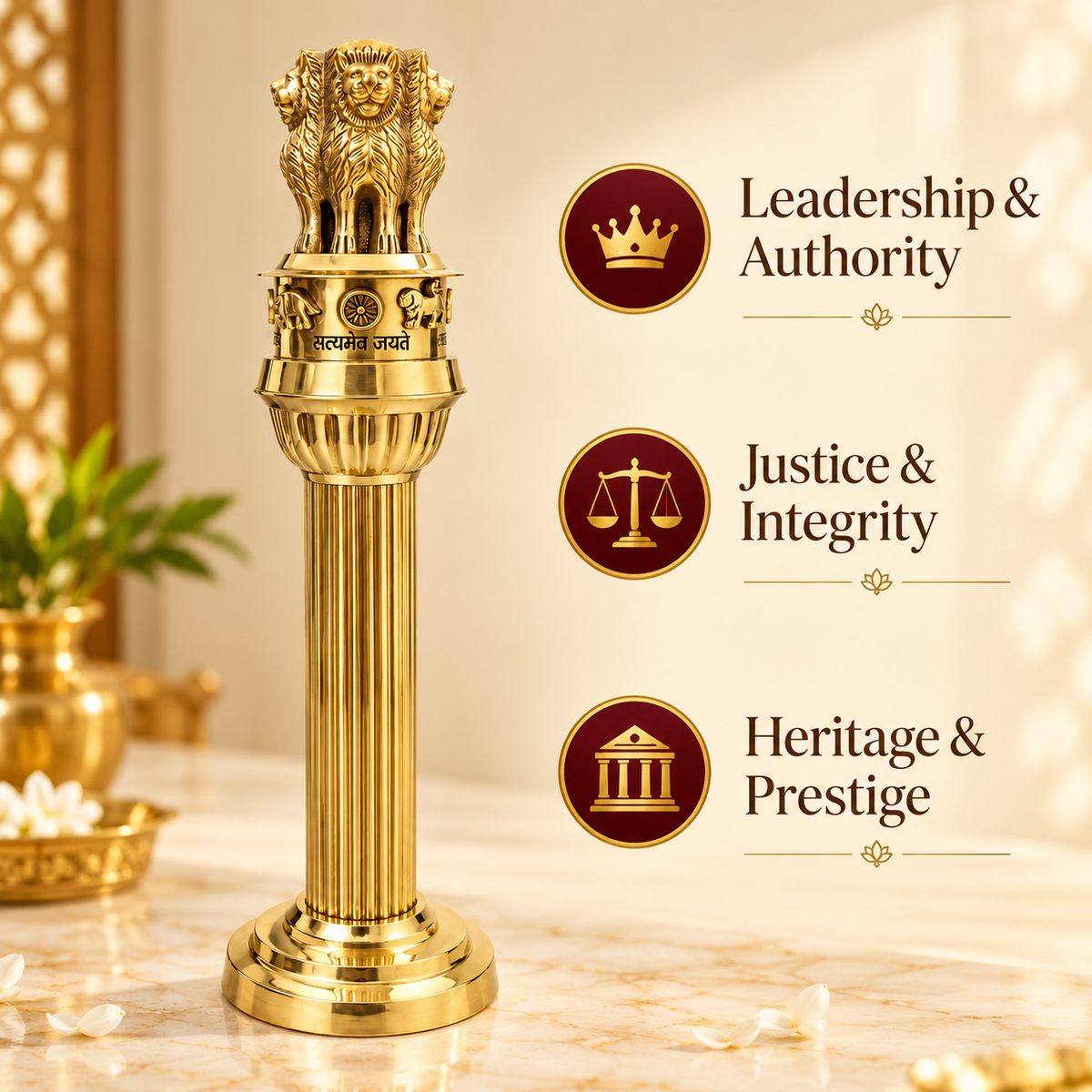 Brass Ashoka Pillar Idol Vastu Remedy for Government Support, Political Influence and Authority Energy for Home, Office and Leadership Spaces | 11 - 15 inches