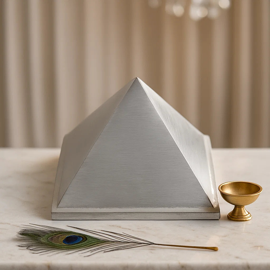 Vastu Pyramid on a marble surface with a peacock feather and small gold container.