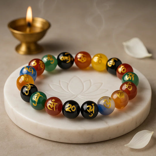 Om Mani Padme Hum mantra bracelet with multi-color beads for protection and chakra healing