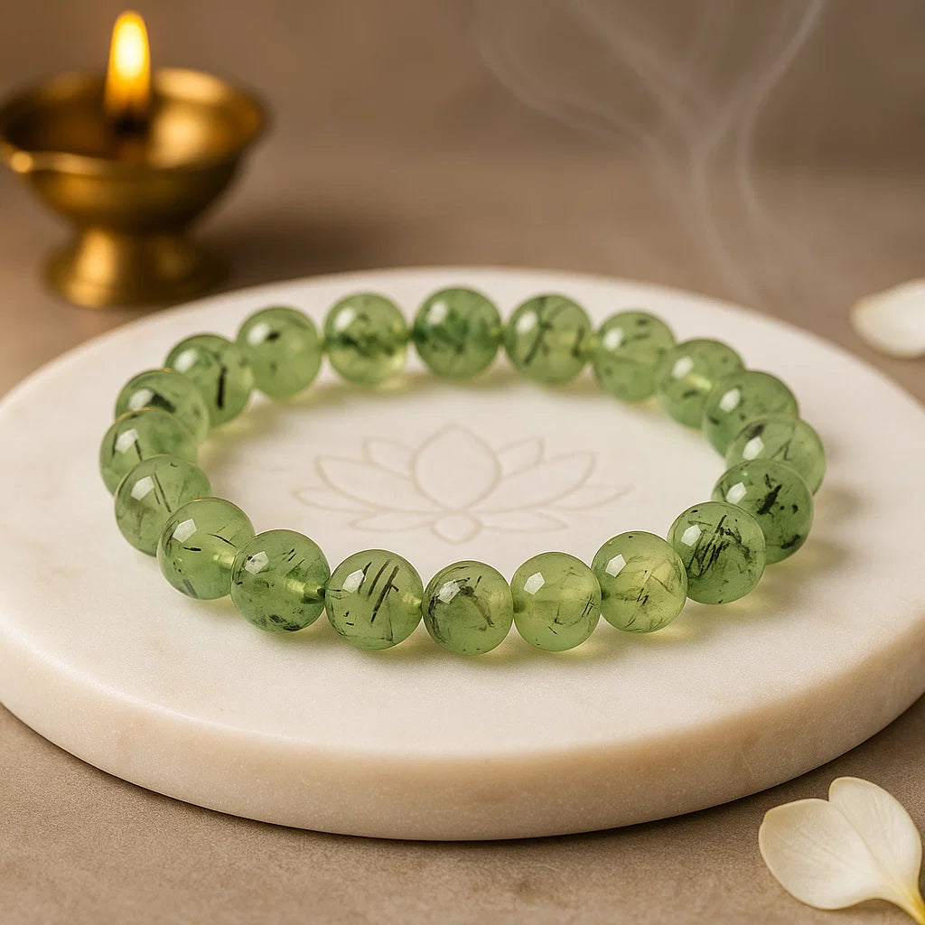 Green prehnite with black tourmaline healing bracelet for protection and heart chakra balance