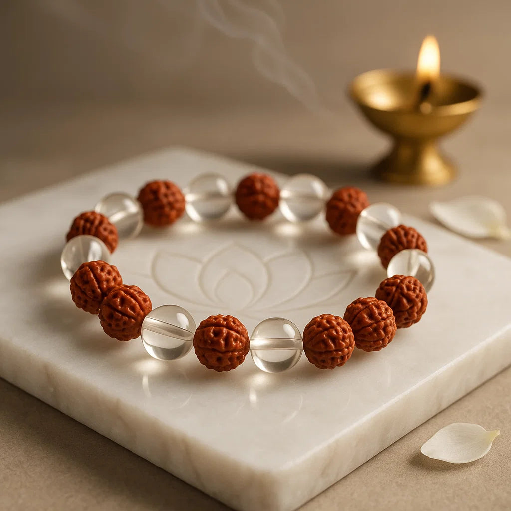 Rudraksha and clear quartz sphatik healing bracelet for protection, peace, and spiritual clarity