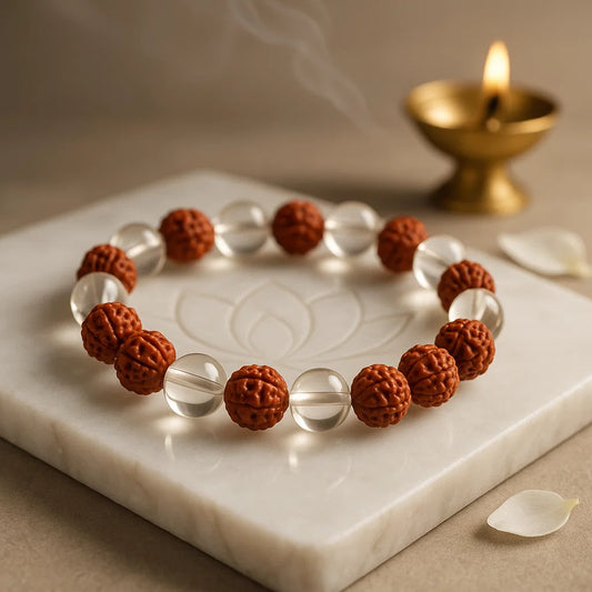 Rudraksha and clear quartz sphatik healing bracelet for protection, peace, and spiritual clarity