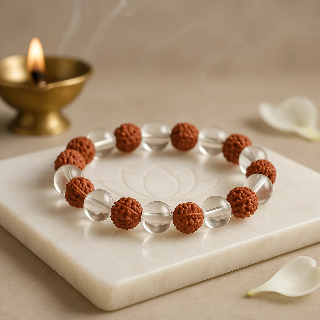 Bracelet with brown beads and clear stones on a marble surface with a candle in the background