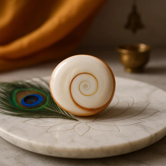 Decorative ceramic knob with spiral design on a marble surface with a peacock feather.