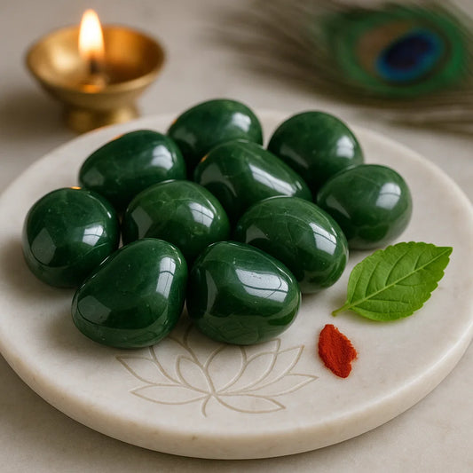 Dark green aventurine stones for prosperity and balance.
Green stones on a decorative plate with a peacock feather and diya in the background