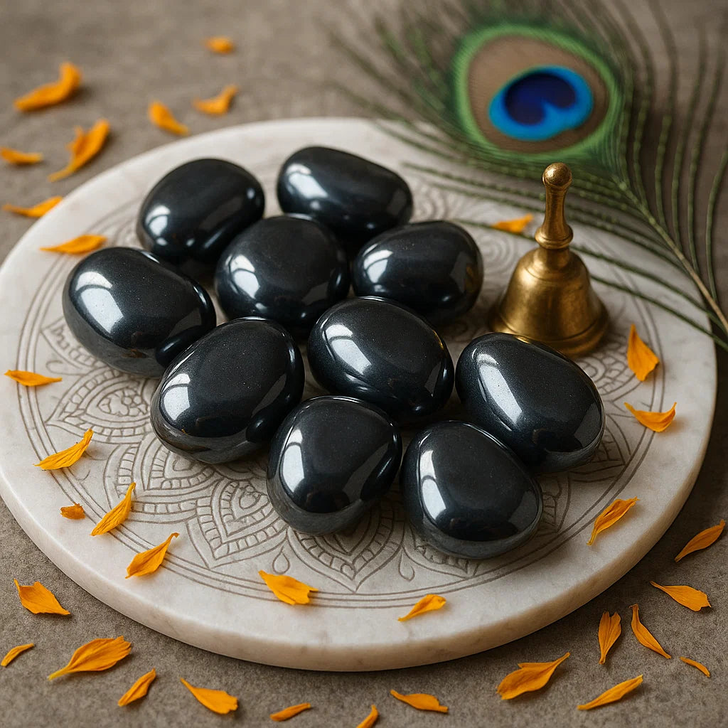 Black stones on a decorative plate with a peacock feather and bell in the background. Hematite stones for grounding and vastu protection