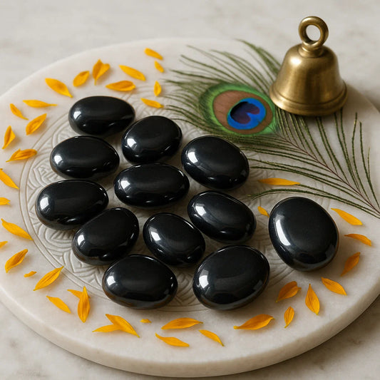 Polished hematite crystals for focus and healing energy on a decorative plate with peacock feather and brass bell
