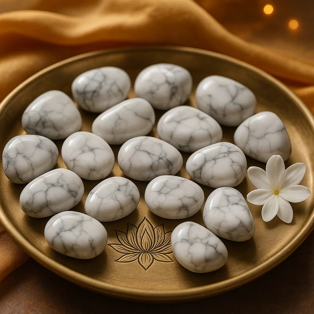 Marble stones on a wooden plate with a white flower, against an orange fabric background. Natural howlite gemstones for vastu and energy healing