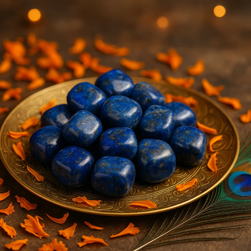 Blue stones on a decorative plate with orange petals and a blurred background. Authentic blue Lapis Lazuli crystals for spiritual wisdom