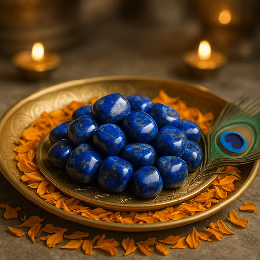 Blue stones on a decorative plate with a peacock feather, surrounded by orange flowers and diyas in the background. Natural Lapis Lazuli tumbled stones for healing and meditation