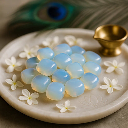Opal stones on a decorative plate with flowers and a peacock feather in the background. Authentic Opalite healing crystals – Vastu and chakra alignment