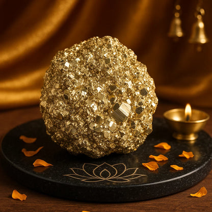 Decorative gold rock on a black plate with a lit candle and gold elements in the background. Golden pyrite raw stone for wealth and protection