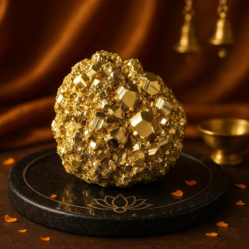 Gold crystal rock on a black stand with a warm background. Natural pyrite crystal cluster for prosperity