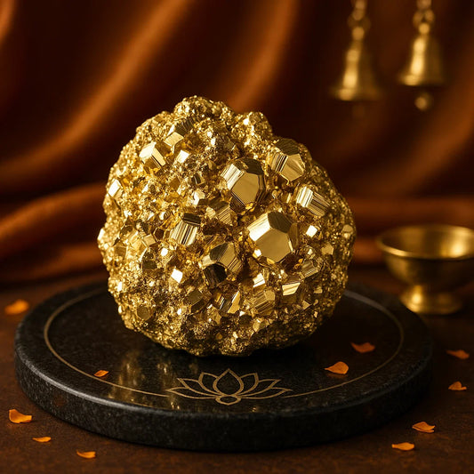 Gold crystal rock on a black stand with a warm background. Natural pyrite crystal cluster for prosperity
