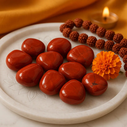 Red stones on a white plate with a marigold flower and brown beads on an orange fabric background. Premium Surya Raksha Jasper stones for grounding and strength.