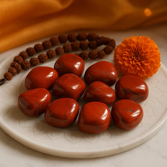 Red stones on a white plate with an orange flower and brown beads on a yellow fabric background. Polished Red Jasper tumble stones for vastu energy balance.