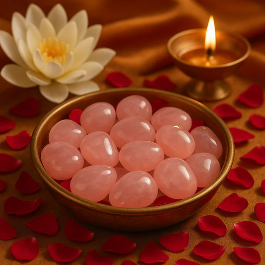 Bowl of pink stones with a lit candle and white flower on a wooden surface. Natural Rose Quartz tumble stones for heart chakra healing