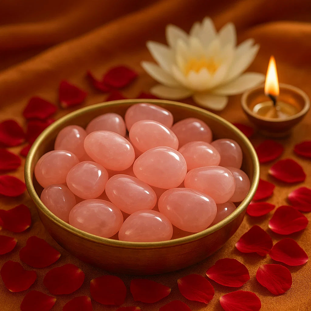 Bowl of pink stones with red petals and a lit candle on a brown fabric. Premium pink Rose Quartz crystals for love and harmony background