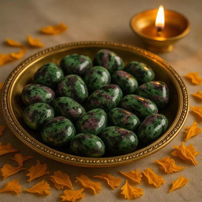 Green stones on a gold plate with a lit candle in the background