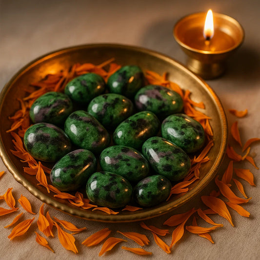 Green stones on a gold tray with orange petals and a lit candle in the background