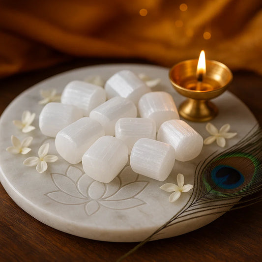 White Vastu stones on a decorative plate with a lit gold candle and peacock feather.