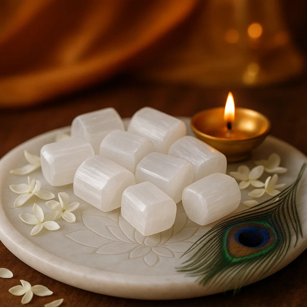 White vastu stone cubes on a decorative plate with a lit candle and peacock feather.