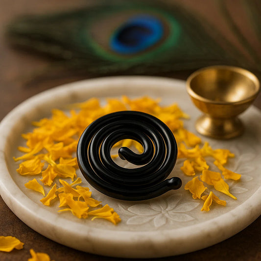 Black  coil spring on a white plate with yellow petals and a gold container, peacock feather in the background. 2.2 cm black vastu correction coil spring
