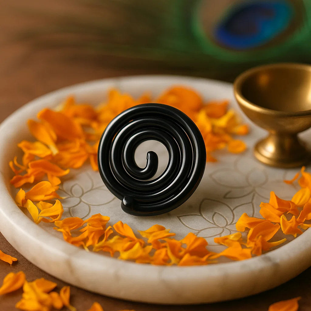 Black  coil spring on a white plate with orange flower petals and a gold cup in the background. Premium vastu remedy spring for protection and alignment