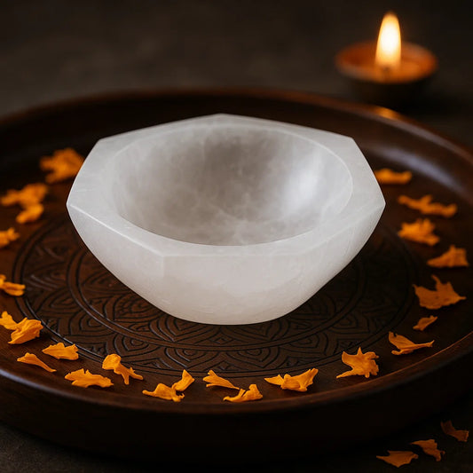 White stone bowl on a dark plate with decorative elements and a candle in the background