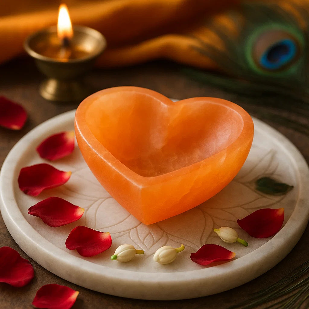 Heart-shaped orange stone on a decorative plate with red rose petals and a lit candle in the background.