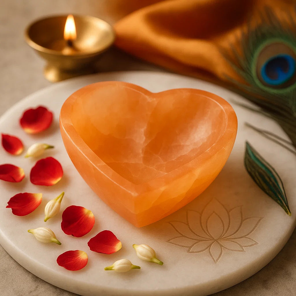 Heart-shaped orange stone on a white plate with red flowers and a lit candle in the background