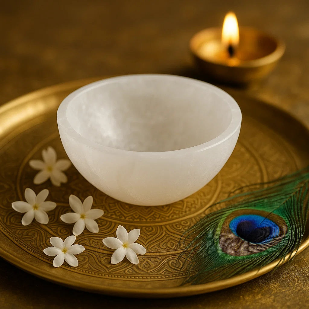 White bowl on a gold plate with flowers and a peacock feather, against a warm background.