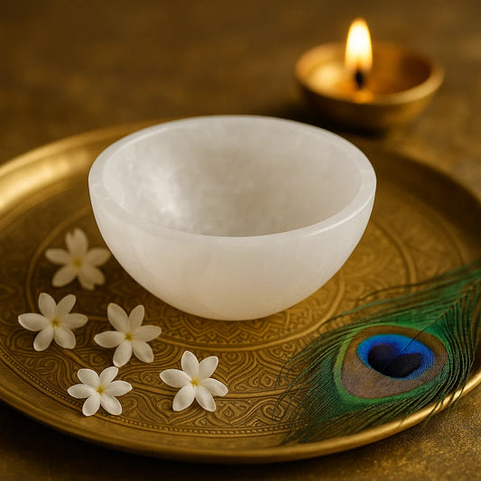 White bowl on a gold plate with flowers and a peacock feather, against a warm background.