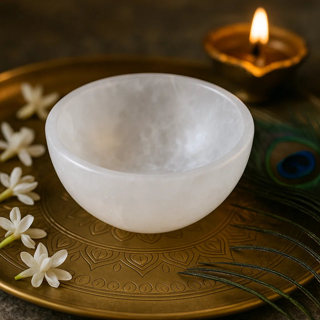 White stone bowl on a decorative plate with flowers and a lit candle in the background
