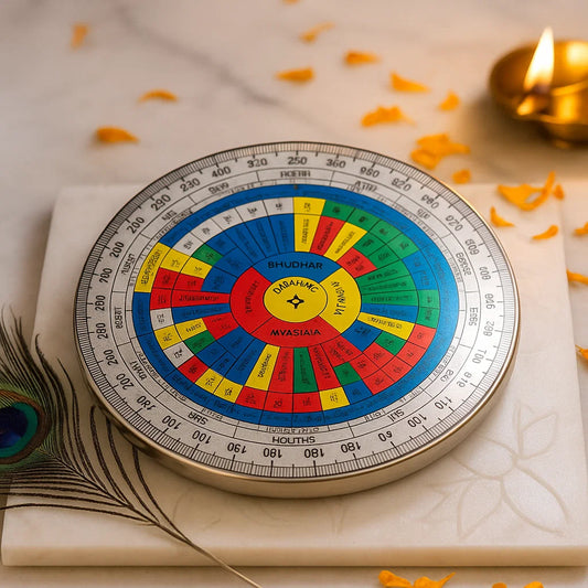 Colorful astrological wheel on a white surface with decorative elements