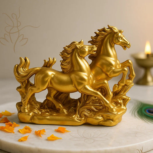 Two Golden Running Horses Statue in Premium Quality Decorative Showpiece Resin Article for Home and Office Decor by Vastu Mandir