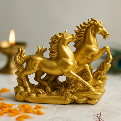 Two Golden Running Horses Statue in Premium Quality Decorative Showpiece Resin Article for Home and Office Decor by Vastu Mandir
