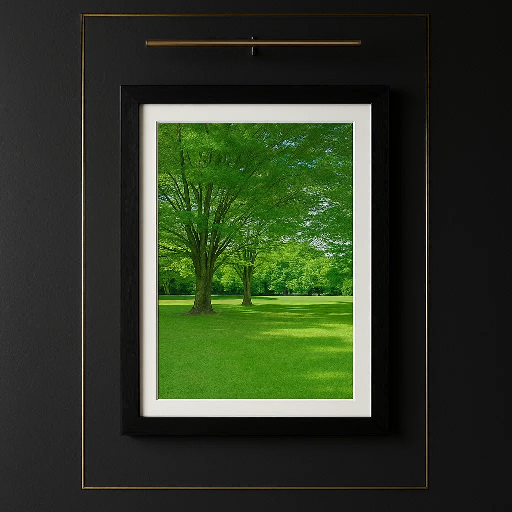 Framed photograph of a green landscape with trees and grass.